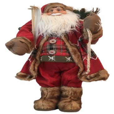 24" Snow Ski Alpine Santa Clause with Plaid Wooden Button- Faux Fur Trimmed Santa Suit and Over The Shoulder Filled Burlap Present Bag