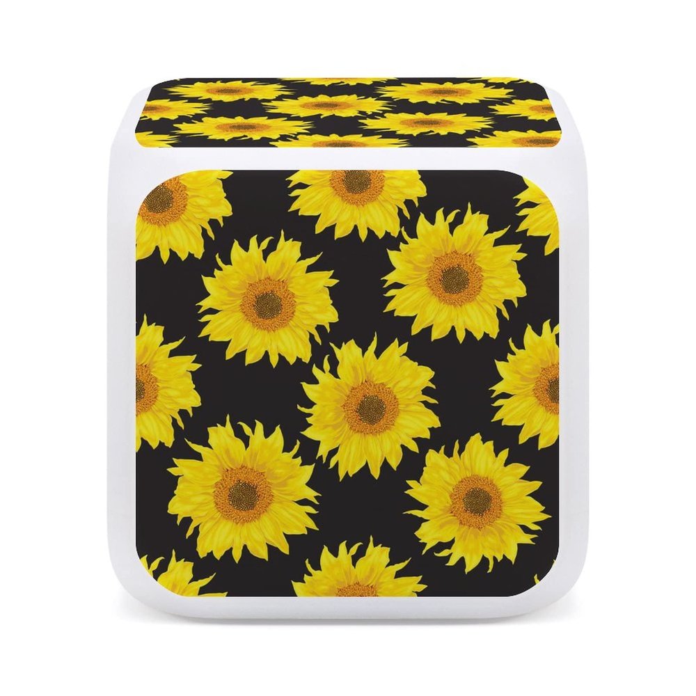 Donnapink Yellow Sunflowers Seamless On Black Mini Digital Alarm Clock, Wake Up Bedside Clock with LED Night Glowing Cube Display and Temperature Feature