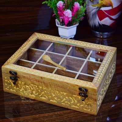 Decorative Masala Dabba Organizer with Glass Lid, 9 Fixed Compartments & Spoon, Spice Storage Container, Ideal for Seasonings & Herbs, Perfect for Gift (Yellow Albond-12 Fixed Container)