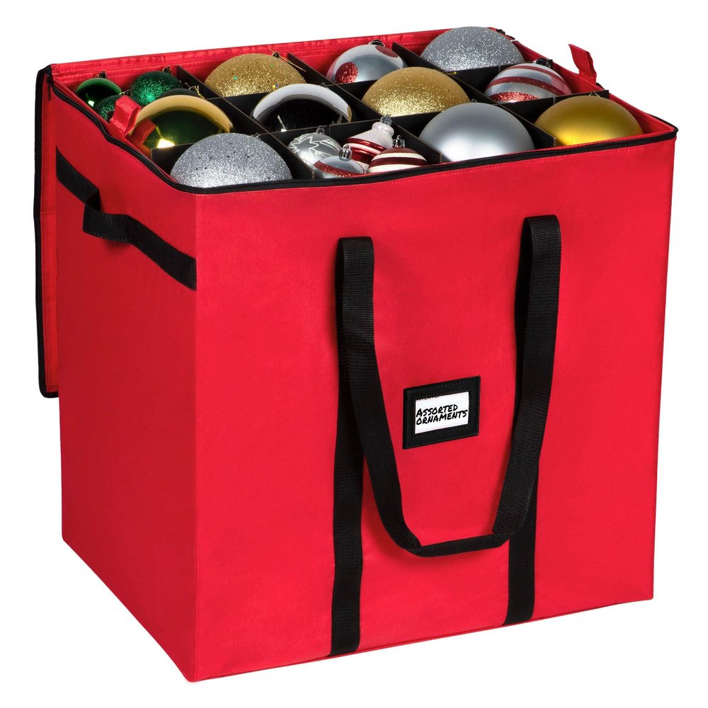 Christmas Extra Large Ornament Storage Container - Box Stores Up to 48 6 Ornaments With 4 Individual Trays -Heavy Duty 600D Tear Resistant Material, Zippered, Adjustable Dividers.