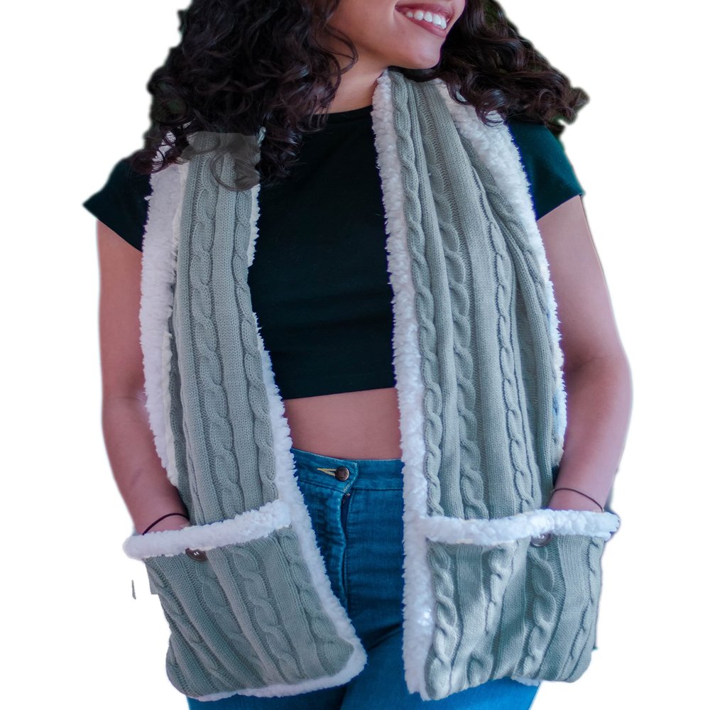 5 STAR SUPER DEALS Sherpa Shawl Scarf With Large Pockets - Warm & Reversible Cable Knit Fleece With Inner Sherpa - Blanket Shoulder Wrap - Gray