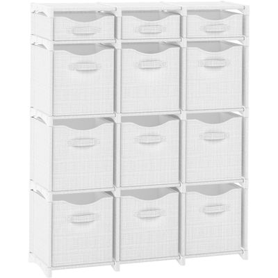 12 Cube Storage Organizer With Bins Included - Closet Storage With 12 Storage Bins - Easy To Assemble Storage Unit With Drawers - Closet Organization For Clothes, Bedroom, Nursery, & Toys (White-Grey)