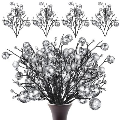 Geosar 24 Pieces Christmas Glitter Berries Stems 10 Inch Christmas Berry Picks Artificial Glittered Berries Ornaments Floral Stems for Xmas Tree,Home Wreath,Party Decoration(Silver)