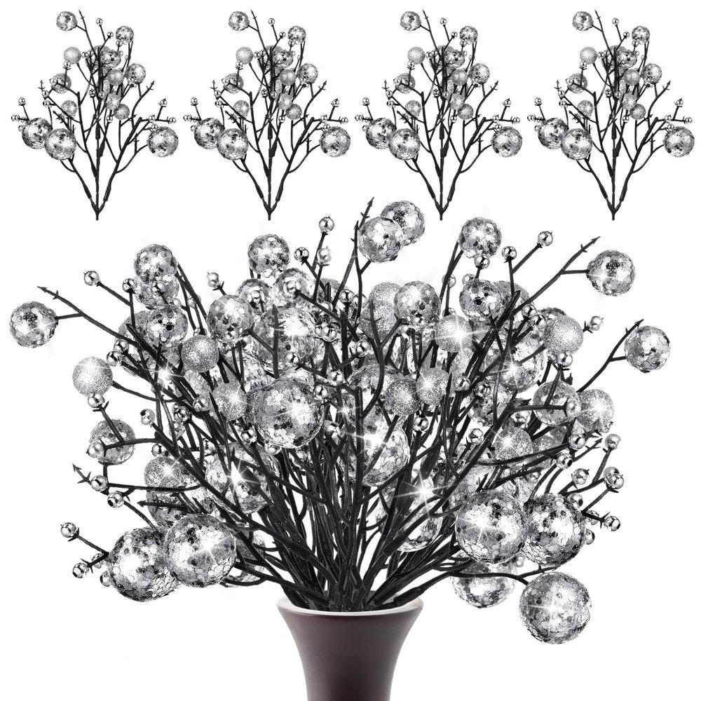 Geosar 24 Pieces Christmas Glitter Berries Stems 10 Inch Christmas Berry Picks Artificial Glittered Berries Ornaments Floral Stems for Xmas Tree,Home Wreath,Party Decoration(Silver)