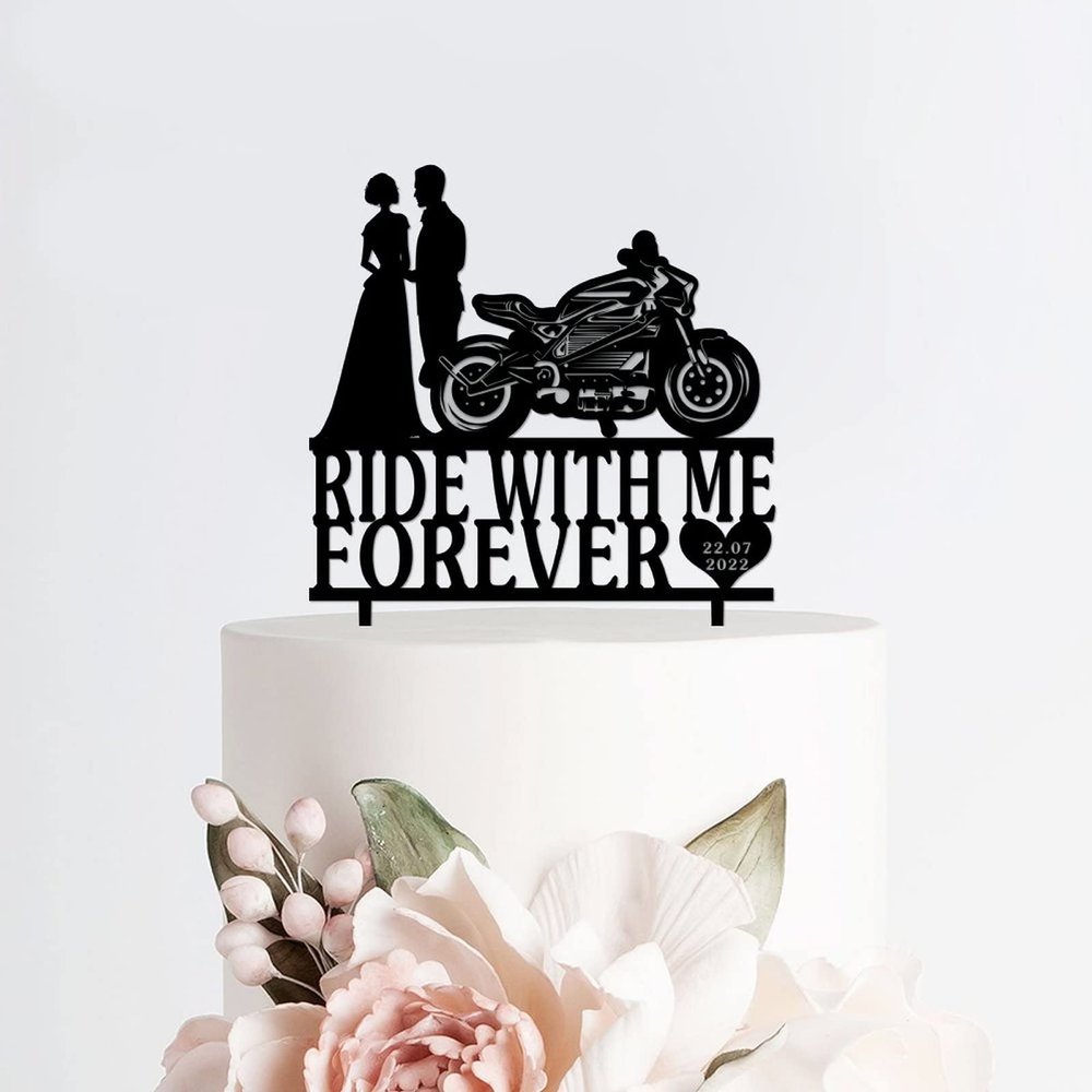 Acrylic Personalized Wedding Cake Toppers Bride And Groom with Motorcycle Ride with Me Forever Black Cake Topper Funny Cake Decoration Party Supplies for Bridal Shower Engagement Anniversary style72