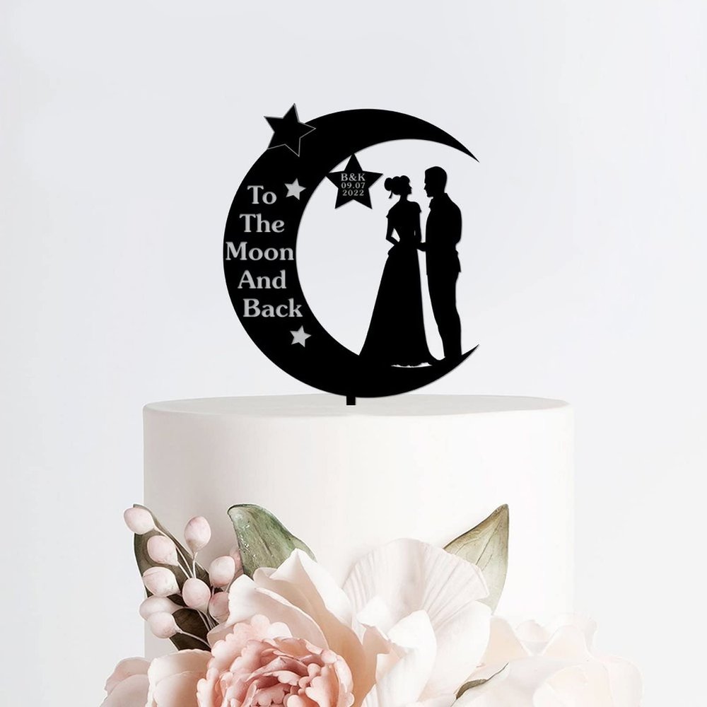 Acrylic Personalized Wedding Cake Toppers Moon Star Bride And Groom to The Moom And Back Black Cake Topper Silhouette Cursive Cake Decoration Topper for Bridal Shower Engagement Anniversary style323
