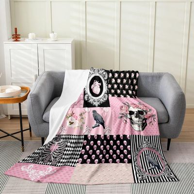 Erosebridal Sugar Skull Throw Blanket, Halloween Skelebone with Flowers Fuzzy Blanket, Garden Pink Rose Floral Flannel Blanket for Bed Couch, Geometric Honeycomb Plaid Fleece Blanket, Queen Size