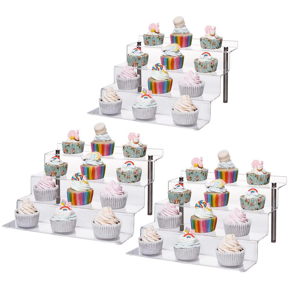 CECOLIC Acrylic Riser Shelf 4 Tier Clear Display Stand for Collectibles Pop Figures, Cupcakes, Perfumes, Display Risers for Decorating & Organizing - 11.8 x 10.8 x 6.5 in (Large, 3 Pack)