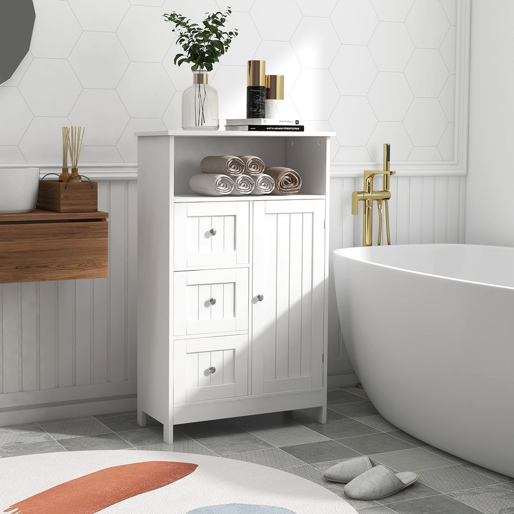 Bathroom Floor Cabinet, Freestanding Storage Cabinet with 3 Drawers & 1 Door & 1 Open Shelf, Storage Organizer for Bathroom Living Room Entryway, White
