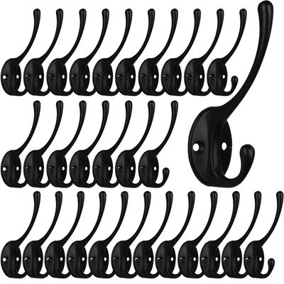 IBosins 30 Pack Heavy Duty Dual Coat Hooks Wall Mounted with 60 Screws Retro Double Hooks Utility Black Hooks for Coat, Scarf, Bag, Towel, Key, Cap, Cup, Hat
