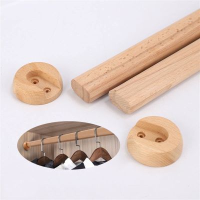 Melairya Closet Rod, Wall Mounted Hanging Rod for Closet, Wooden Closet Pole Closet Bar with Socket Set for Wardrobes (Color : Crude Wood, Size : 70cm)