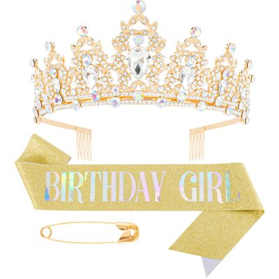 Gold Birthday Girl Sash & Crown Set, Didder Birthday's Crown Tiara for Women Party Crowns for Woman Girls Crystal Sash and Tiara for Women Happy Birthday Gift