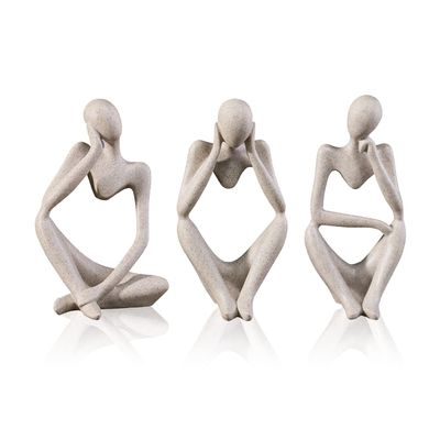 3Pcs Sandstone Thinker Statue Set, Modern Home Decor Abstract Art Sculpture, Small Collectible Figurines for Bookshelf Office Living Room Coffee Table Decor