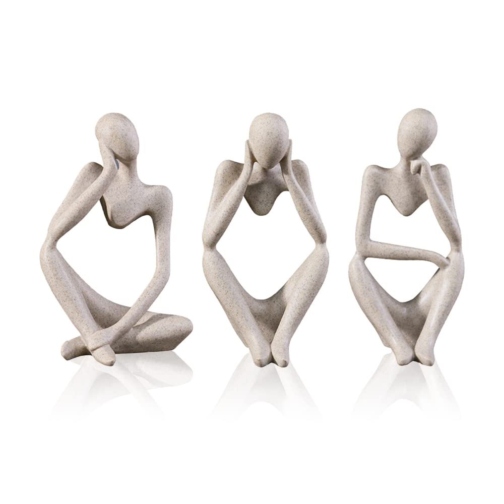 3Pcs Sandstone Thinker Statue Set, Modern Home Decor Abstract Art Sculpture, Small Collectible Figurines for Bookshelf Office Living Room Coffee Table Decor