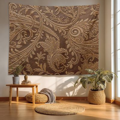 Batmerry Brown Retro Paisley Tapestry, Vintage Wall Art Hanging Decoration Polyester Fiber White Ruffled Around for Dorm Room Bedroom Living Room, 59.1x82.7 inches