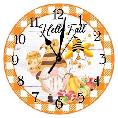 Vintage French Round Wall Clock Hello Fall Gold Geometric Plaid Gnome Clock for Wall Be Thankful Thanksgiving Wood Clock Silent Wooden Decorative Clocks for Laundry Room Bedroom 10inch