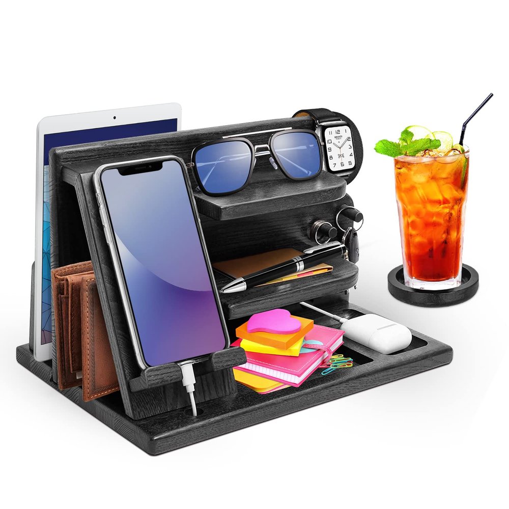 Wood Phone Docking Station - Gifts for Men Desk or Nightstand Organizer - Birthday Gifts for Husband, Fathers Day for Dad - Anniversary Idea from Wife - Key Holder, Stand Wallet, Watch & Essentials