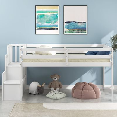 Bellemave Twin Size Loft Bed with Staircase Solid Wood Low Loft Bunk Bed Classic Children Low Loft Bed with Storage Boys & Girls Twin Bed for Kids Bedroom,White