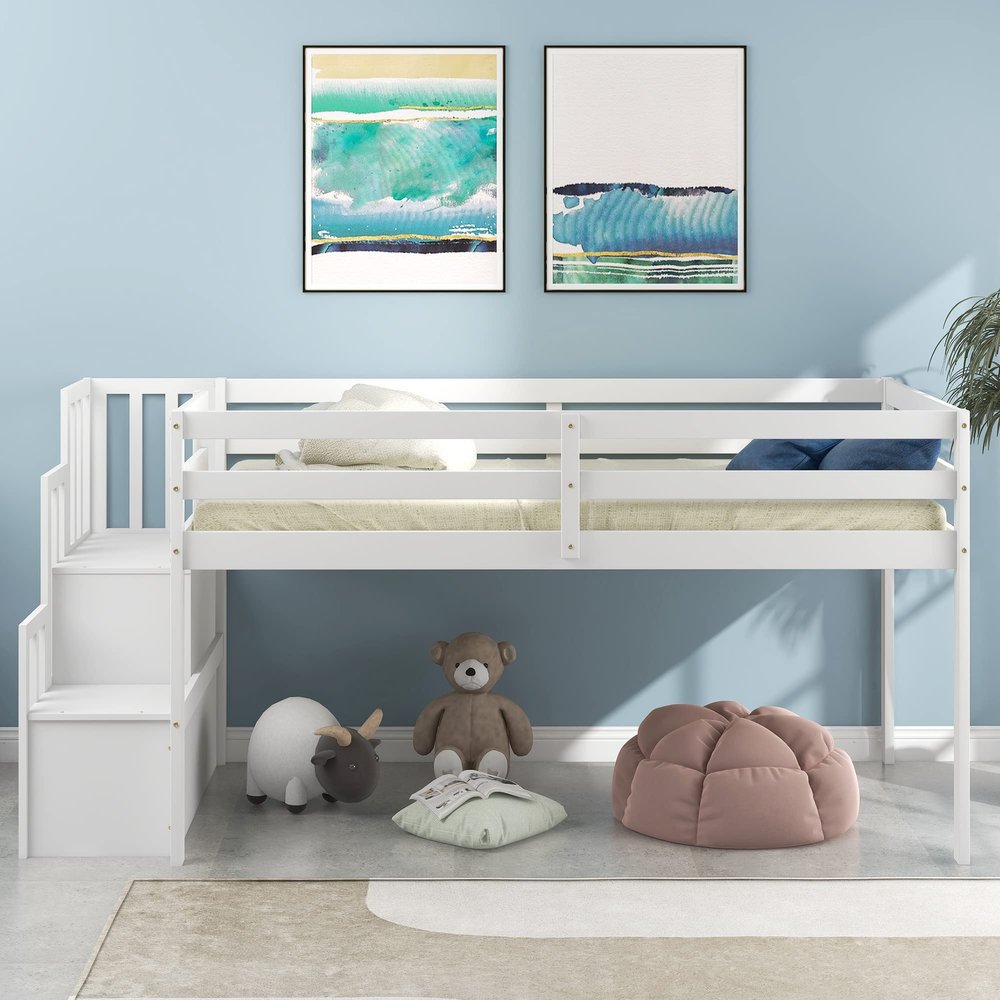 Bellemave Twin Size Loft Bed with Staircase Solid Wood Low Loft Bunk Bed Classic Children Low Loft Bed with Storage Boys & Girls Twin Bed for Kids Bedroom,White