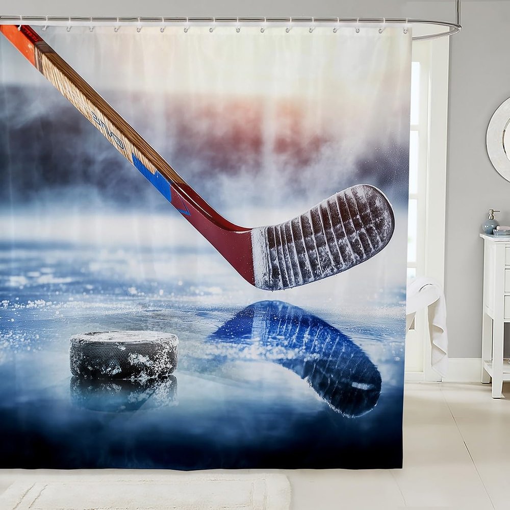 Feelyou Ice Hockey Shower Curtain Ice Sports Games Kids Bathroom Shower Curtain Set for Puck Hockey Bath Curtain Waterproof Winter Sports Kids Bathroom Accessories 72"x78"