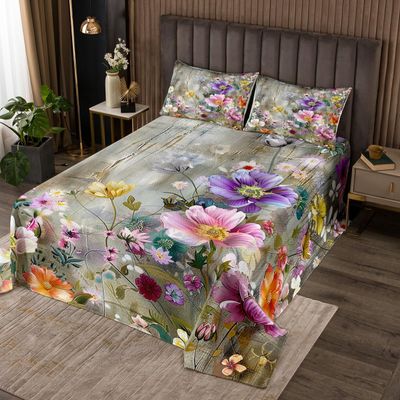 Erosebridal 3D Flowers Bedspread Botanical Quilted for Kids Child Girls Colorful Boho Floral Coverlet Set Colored Hibiscus Tree Branches Oil Painting Quilt Set Queen Bohemian Room Decor