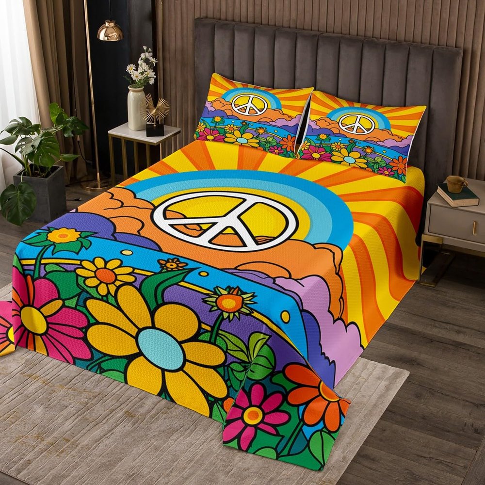 Erosebridal 70s Groovy Flower Bedspread Sun Moon Peace Sign Quilted,Adults 60s Flower Power Coverlet Set Rural Pastoral Twin Quilt Set,Women Halloween 1960's 1970's Hippie Disco Indie Room Decor
