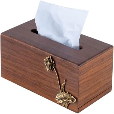 Paper Box Chinese-style Household Solid Wood Tissue Box Inlaid Copper Flower Home Decoration Living Room Office (Color : Lotus Blossom, Size : 22 * 12 * 8.5cm)
