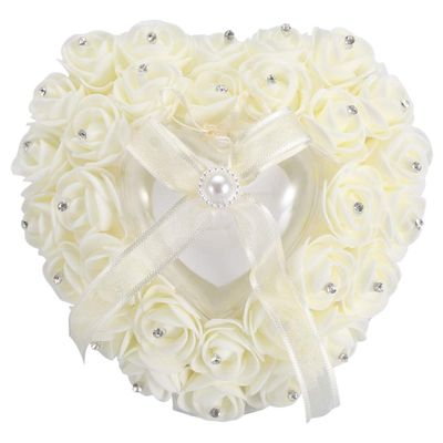 White Wedding for Hoop Pillow Heart Shape Wedding for Hoop Box, Romantic Lace Crystal Rose Wedding Ceremony for Hoop Holder for Ceremonies(Light Yellow)