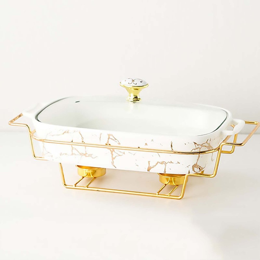 JYHCD Ceramics Chafing Dish Buffet Set, Marble Finish Chafing Dish, Rectangular Chafers for Buffet/Weddings/Parties/Banquets/Catering Events,White,A