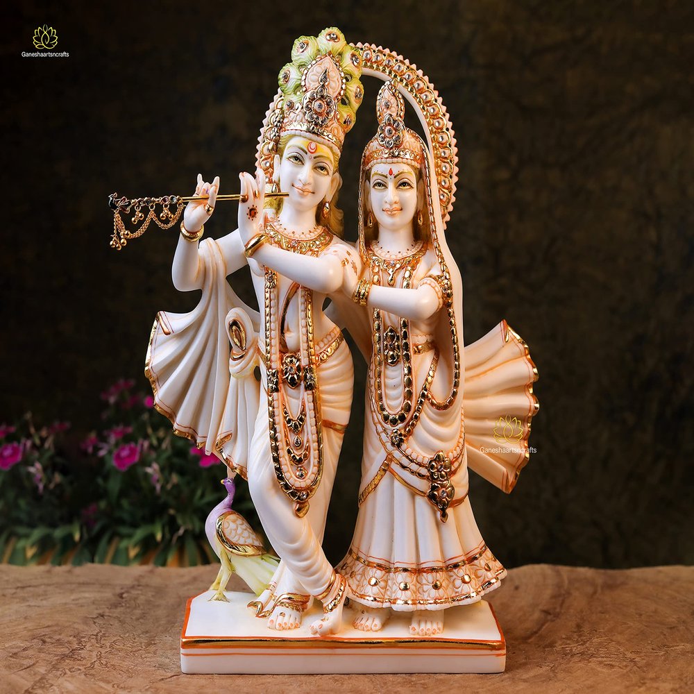 Ganeshaartsncrafts Radha Krishna Statue 14 Inch Marble Dust Dancing Krishna Radha Idol Hindu Divine Couple Gods Lakshmi Narayan Statue Wedding Pack of 1