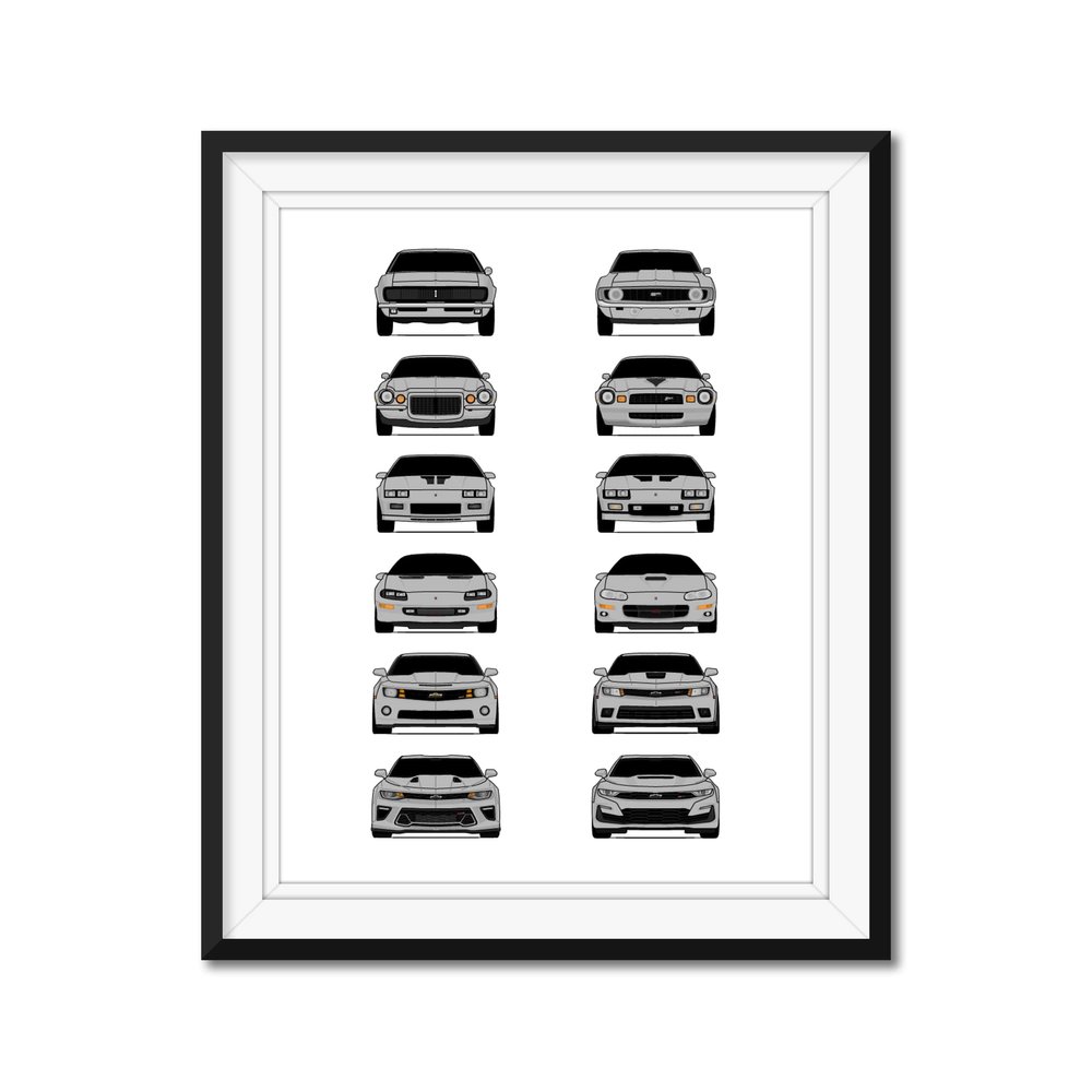 Custom Car Posters Handmade Poster compatible with Chevy Camaro Generations and Print of Chevrolet Camaro - Silver, 11x14 Metallic Print (Unframed)