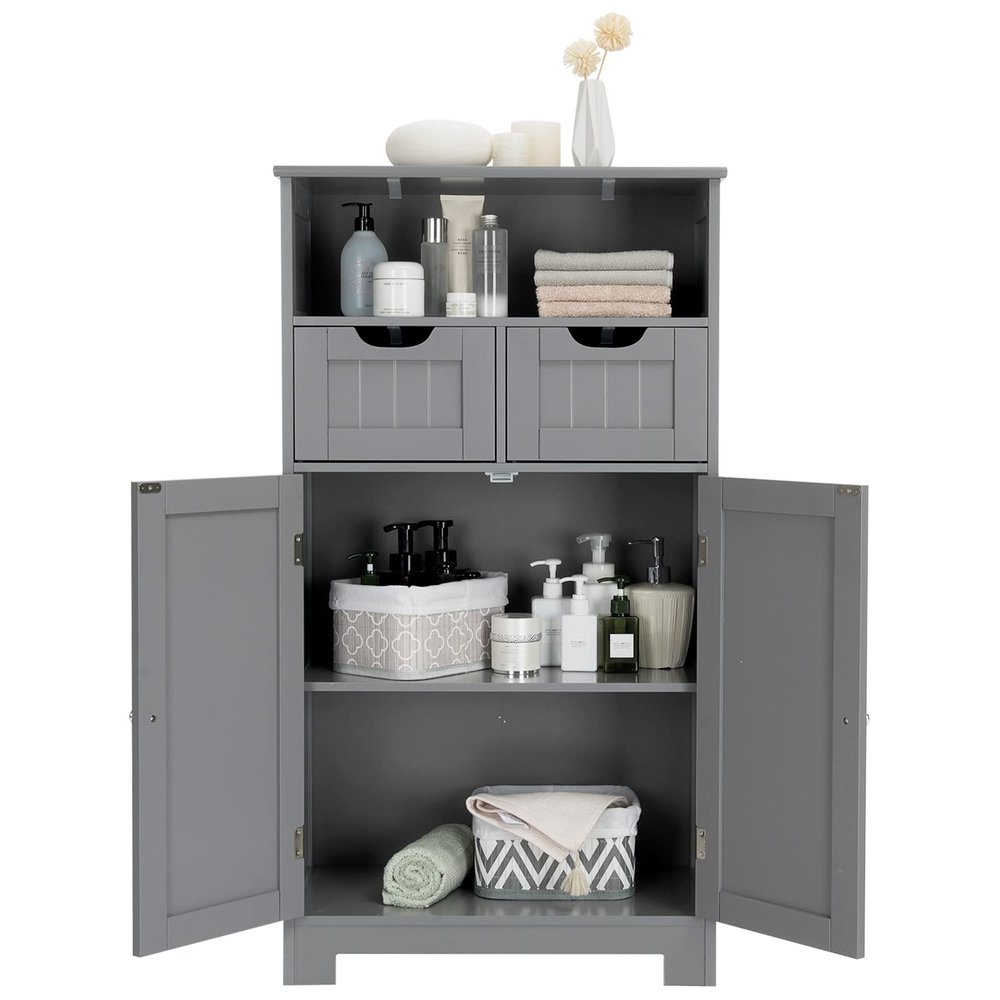 COSTWAY Bathroom Storage Cabinet, Freestanding Storage Organizer with 2 Drawers & Adjustable Shelf, Wooden Floor Cabinet for Living Room, Bedroom, Kitchen, Entryway (Gray)