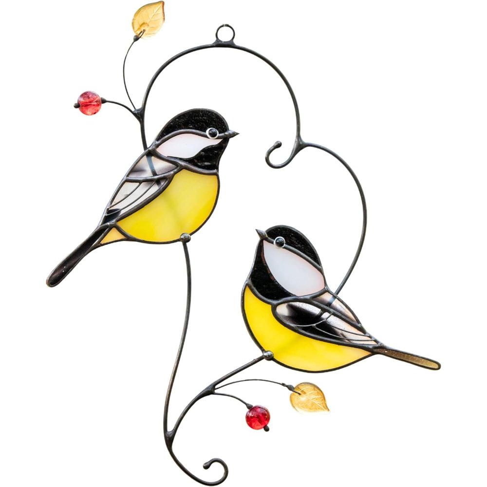 Gift Birds Handmade Chickadee Stained Glass Suncatchers Genuine Stained Glass Window Hanging Unique Indoor Ornament & Outdoor Decor (Pair of Chickadee)