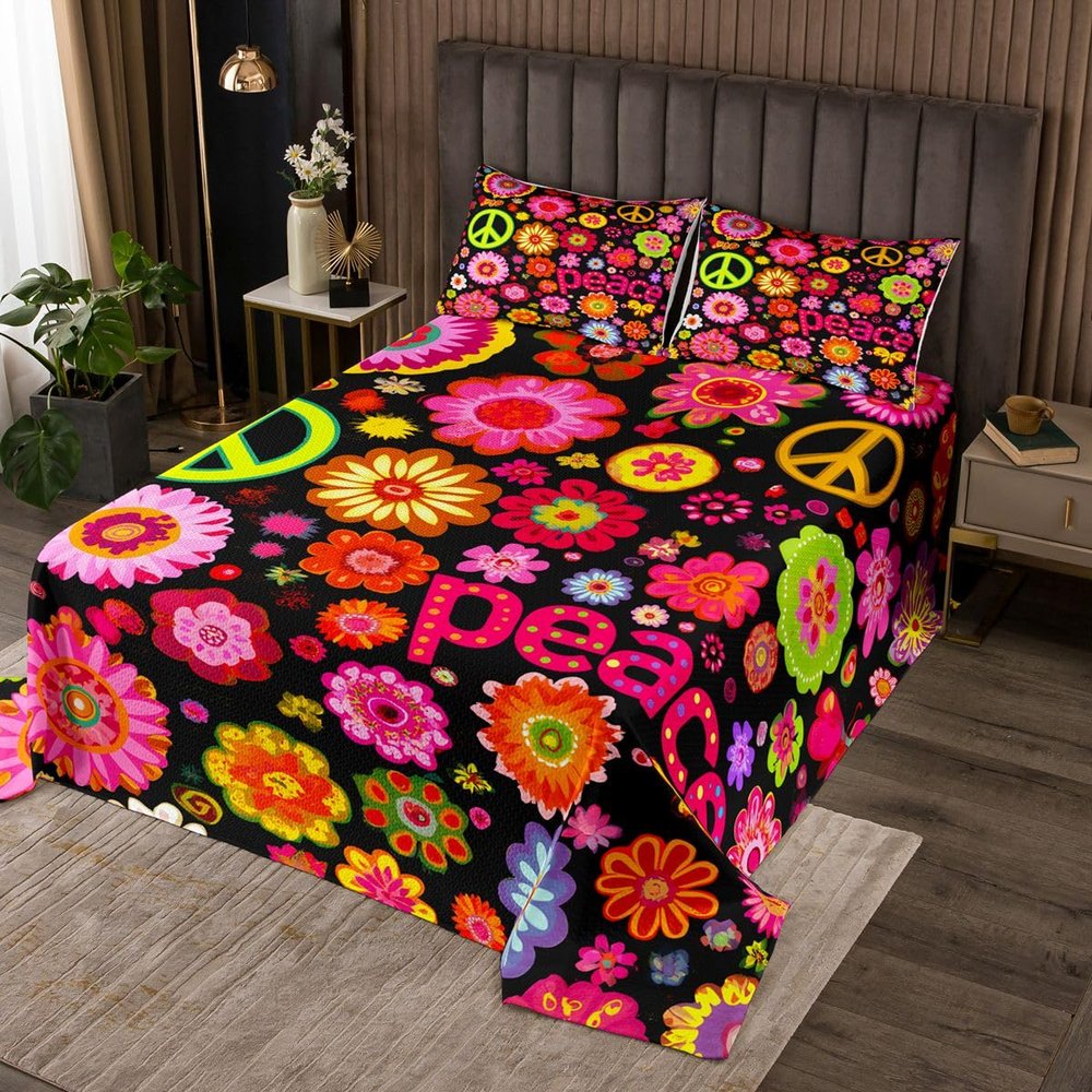 Bohemian Coverlet Set Exotic Paisley Peace Sign Bedspread,Rainbow 60s 70s Groovy Flower Quilted Hippy Girl Flower Quilt Set King,Women's Halloween Floral 1960's 1970's Hippie Bedroom Decor