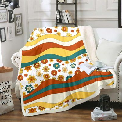 70S Retro Flower Fleece Blanket Kids Girls Cute Groovy Vintage Floral Throw Blanket Throw 50"X60" Rainbow Wavy Geometric Floral Hippie Plush Bed Blanket Colorful Abstract Boho Botanical Fuzzy Blanket