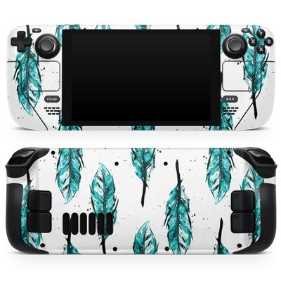 Design Skinz - Compatible with Steam Deck - Skin Decal Protective Scratch-Resistant Removable Vinyl Wrap Cover - Splattered Teal Watercolor Feathers