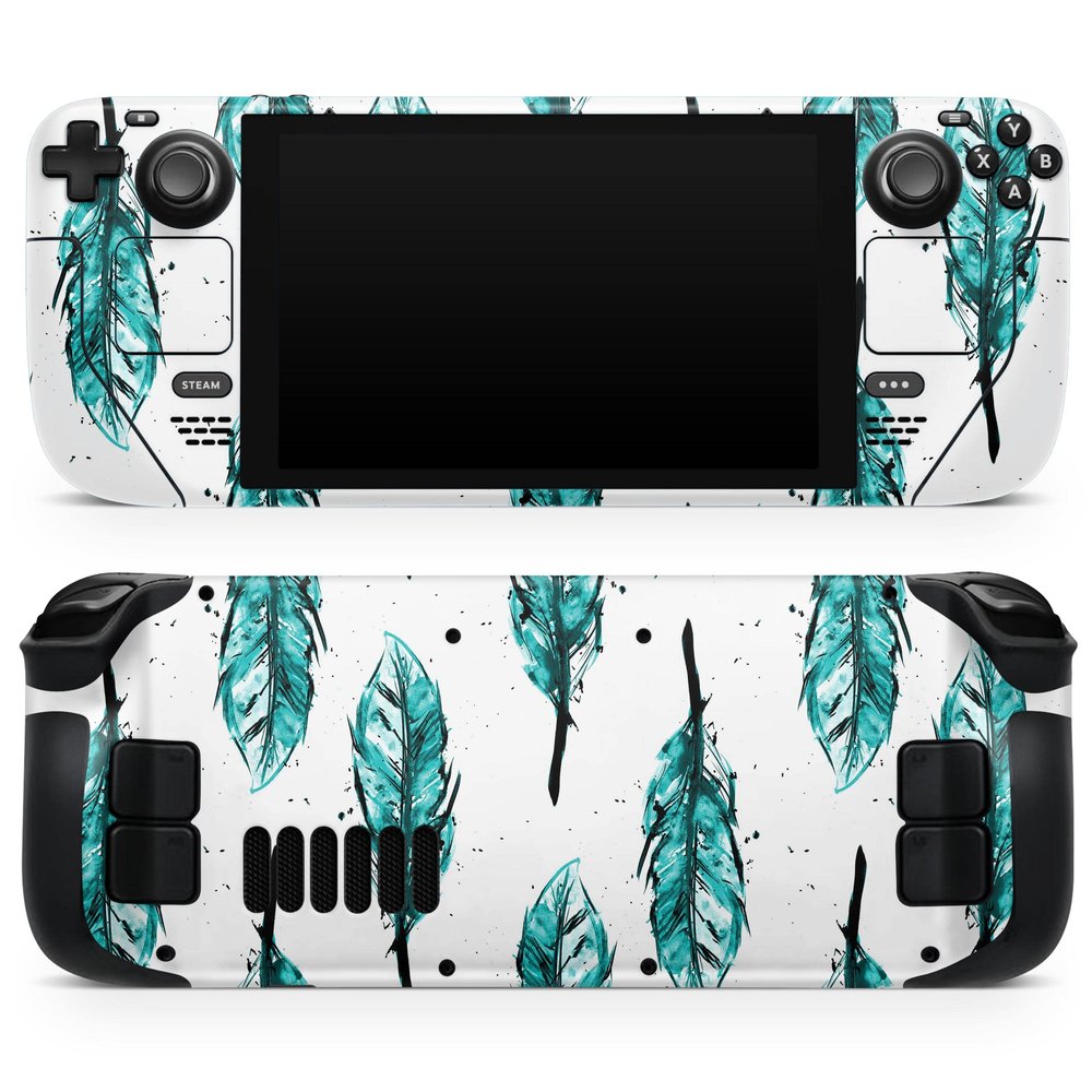Design Skinz - Compatible with Steam Deck - Skin Decal Protective Scratch-Resistant Removable Vinyl Wrap Cover - Splattered Teal Watercolor Feathers