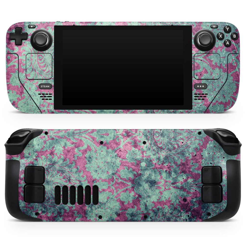 Design Skinz - Compatible with Steam Deck - Skin Decal Protective Scratch-Resistant Removable Vinyl Wrap Cover - Grungy Teal and Pink Damask Pattern