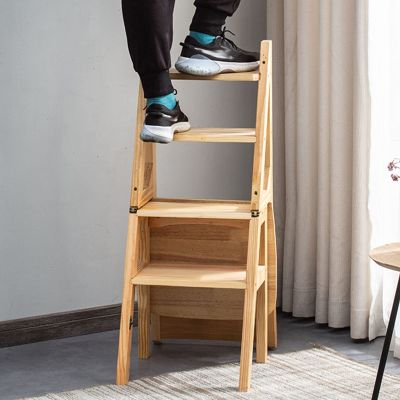 Hamankim Wooden 4 Step Ladder Chair, Multifunction Wood Ladder Stool Innovative Step Stool Transforming Folding Fold Up Ladder Kitchen Office Library Steps Climb Ladder