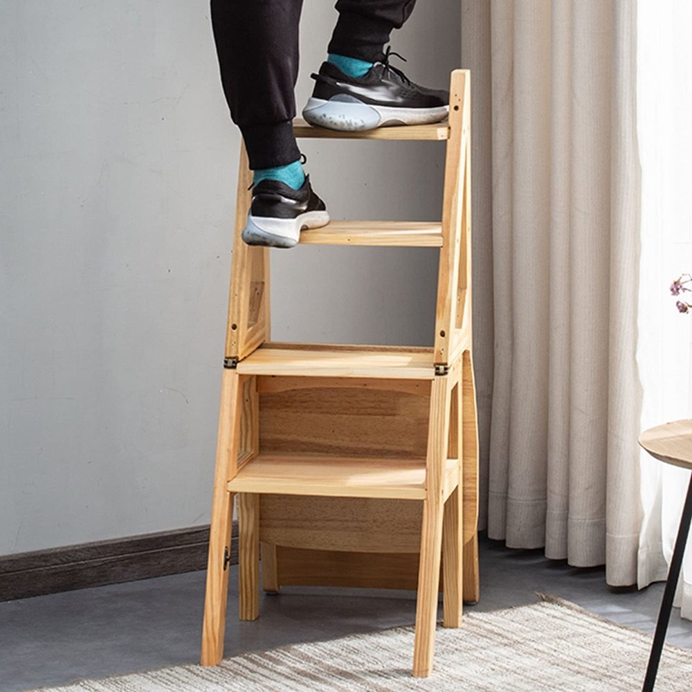 Hamankim Wooden 4 Step Ladder Chair, Multifunction Wood Ladder Stool Innovative Step Stool Transforming Folding Fold Up Ladder Kitchen Office Library Steps Climb Ladder