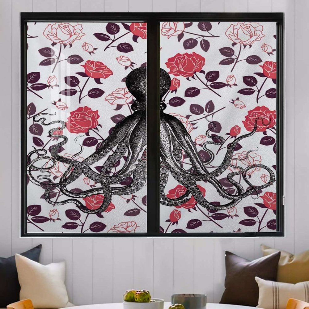 Window Privacy Film Frosted Glass Window Film Sticker Decorative Coverings Non-Adhesive Heat Anti-UV, Freehand Octopus Petal Background 17.7Wx23.6L-inch x2 Pcs