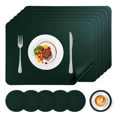 APLKER Faux Leather Placemats Set of 6, Vinyl Placemats Heat Resistant Place Mats, Waterproof Oil-Proof Wipeable Dining Table Mats and Coasters for Kitchen, Indoor, Outdoor (Deep Green)