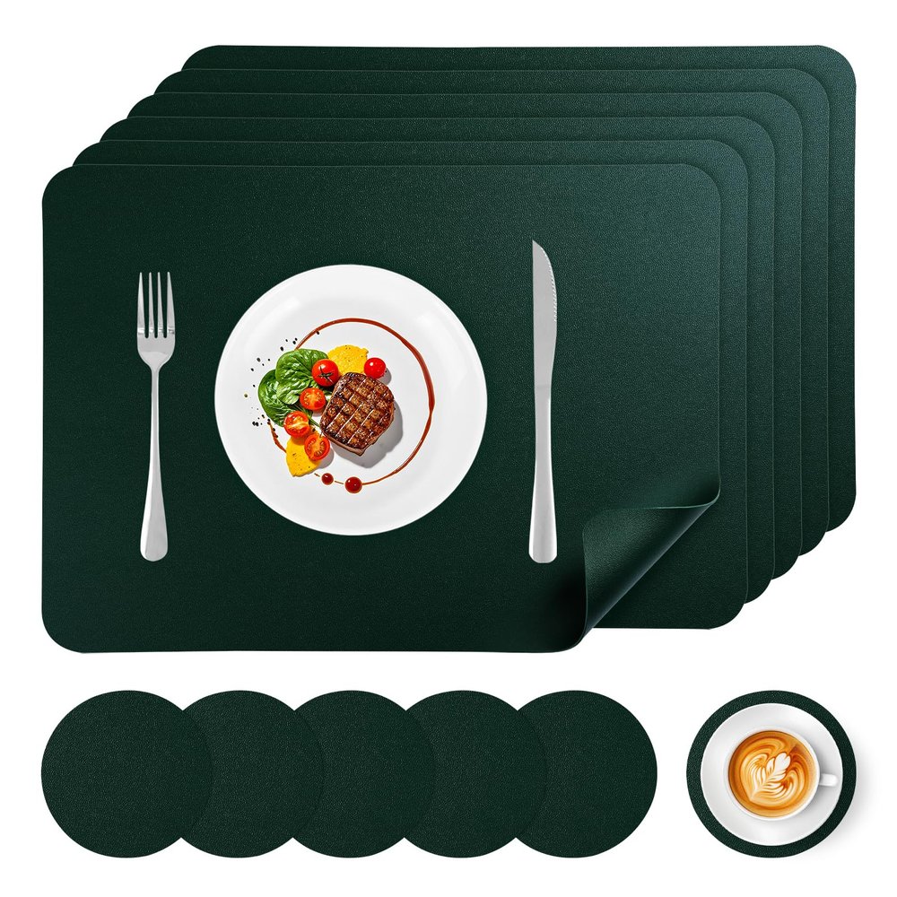 APLKER Faux Leather Placemats Set of 6, Vinyl Placemats Heat Resistant Place Mats, Waterproof Oil-Proof Wipeable Dining Table Mats and Coasters for Kitchen, Indoor, Outdoor (Deep Green)