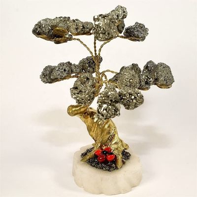 WGPHD Meditation Home Tree of Life Natural Pyrite Tree Collection Mineral Figurine Decoration Gift on White Onyx Base