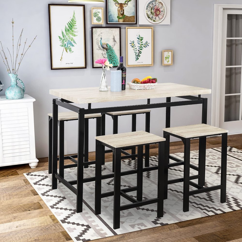 Bituman 5 Piece Wood Pub Table Set, Counter Height Dining Room Table Set with Sturdy Metal Frame Kitchen Bar Table and Chairs, for Home, Breakfast Nook, Restaurant, Pub