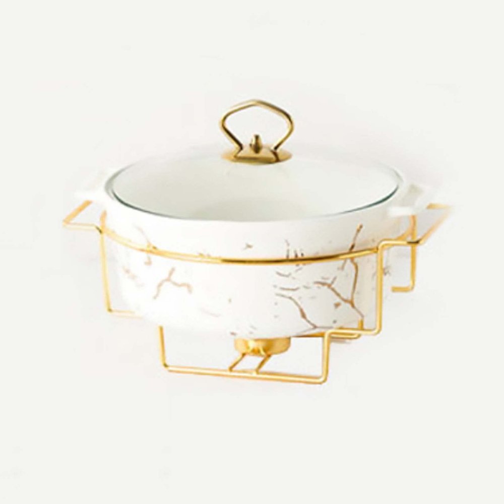 JYHCD 2 Quart Round Chafing Dish Buffet Set, Ceramic Marble Finish Chafer with Glass Lid, Chafer and Buffet Warmer Set for Buffet Weddings Parties Banquets Christmas Halloween,White,B