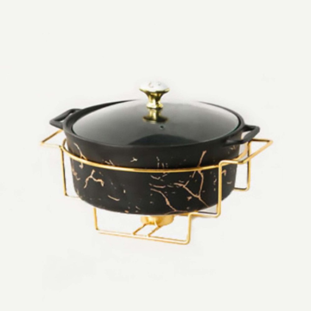JYHCD 2 Quart Round Chafing Dish Buffet Set, Ceramic Marble Finish Chafer with Glass Lid, Chafer and Buffet Warmer Set for Buffet Weddings Parties Banquets Christmas Halloween,Black,A