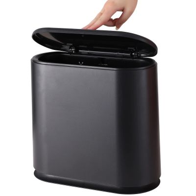 Black Slim Bathroom Trash Can with Press Top Lid,12 Liter Small Thin Garbage Can,3.17 Gallon Narrow Dog Proof Plastic Waste Basket and Covered Wastebasket for Room,Bedroom,Kitchen,Toilet,Office,Dorm