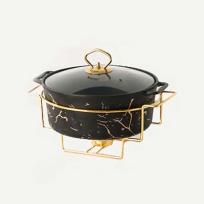 JYHCD 2 Quart Round Chafing Dish Buffet Set, Ceramic Marble Finish Chafer with Glass Lid, Chafer and Buffet Warmer Set for Buffet Weddings Parties Banquets Christmas Halloween,Black,B