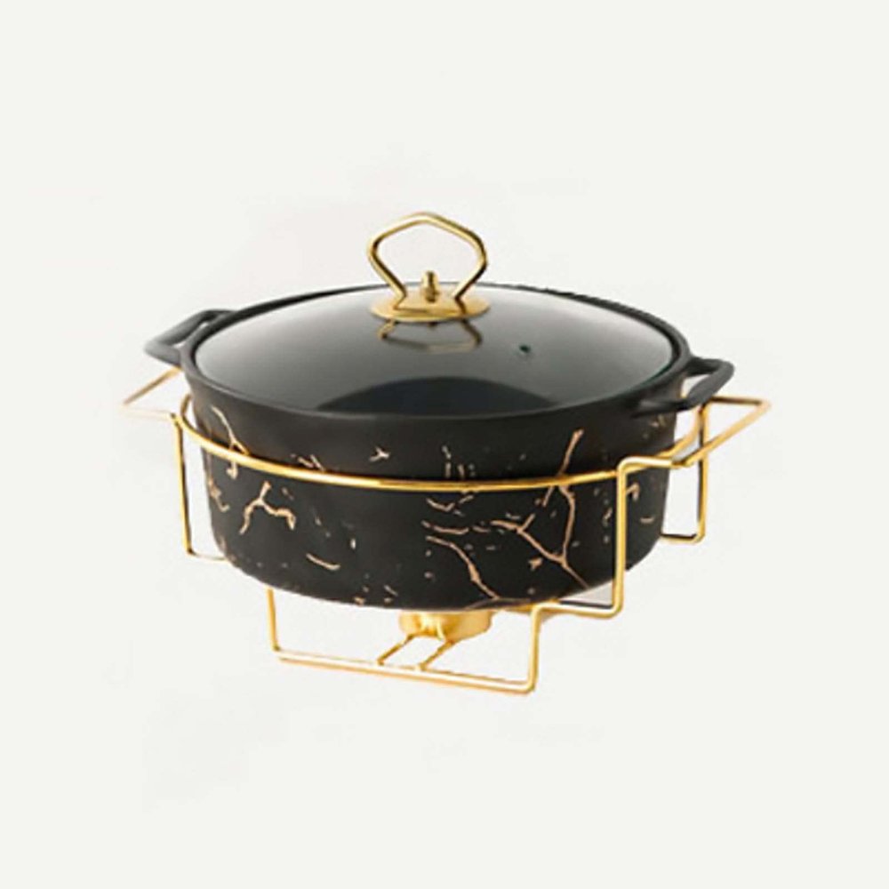 JYHCD 2 Quart Round Chafing Dish Buffet Set, Ceramic Marble Finish Chafer with Glass Lid, Chafer and Buffet Warmer Set for Buffet Weddings Parties Banquets Christmas Halloween,Black,B